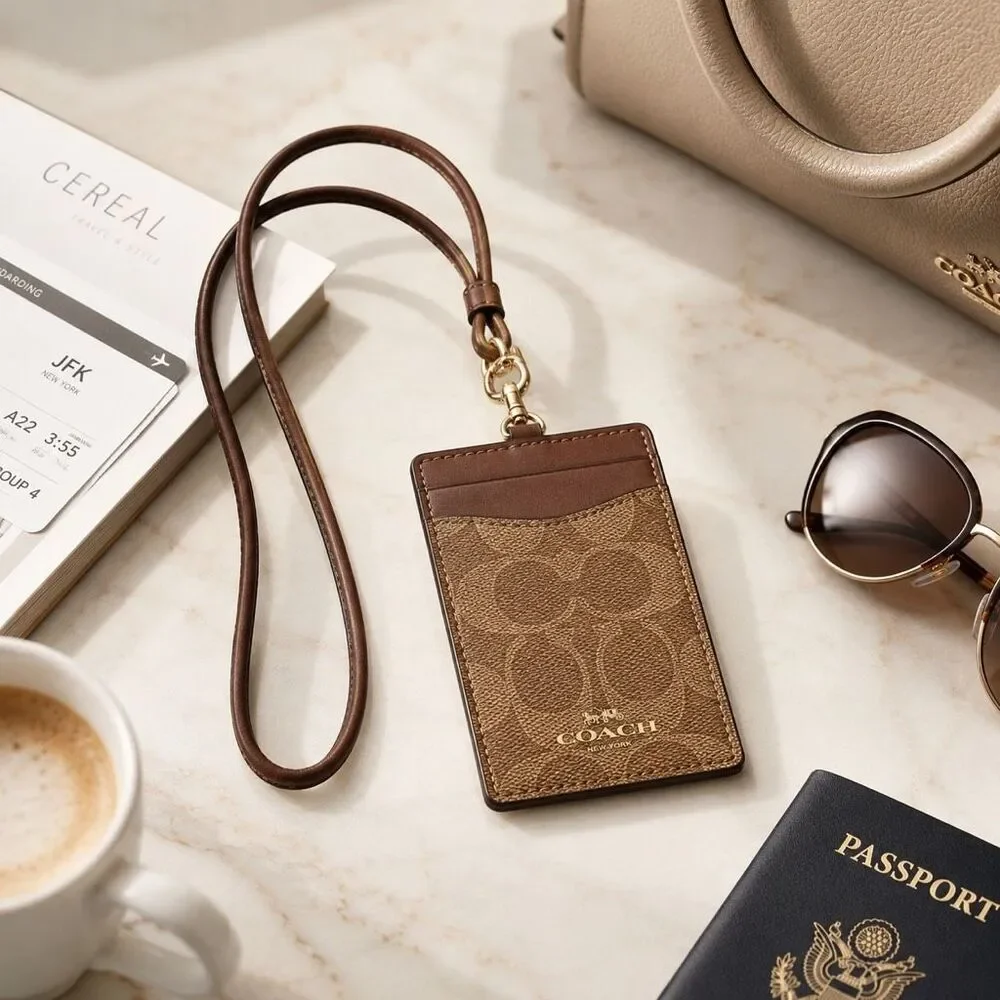 Coach ID Lanyard Signature Canvas Tan Brown Card Holder CZ285 NWT